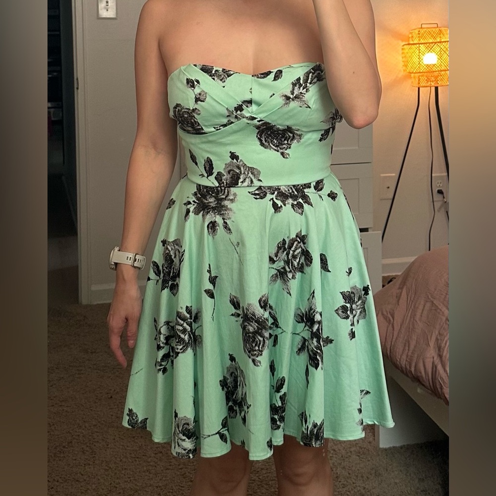 Floral Mint Green Strapeless Dress